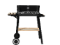 Black charcoal grill with side shelves and wheels.