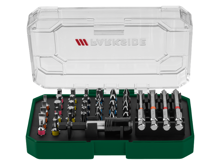 Screwdriver bits and drill bits set in a green case with a clear lid.