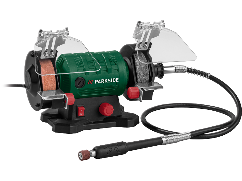 Bench grinder with flexible shaft and protective covers.