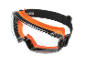 Safety goggles with clear lenses and an orange frame on a black background.