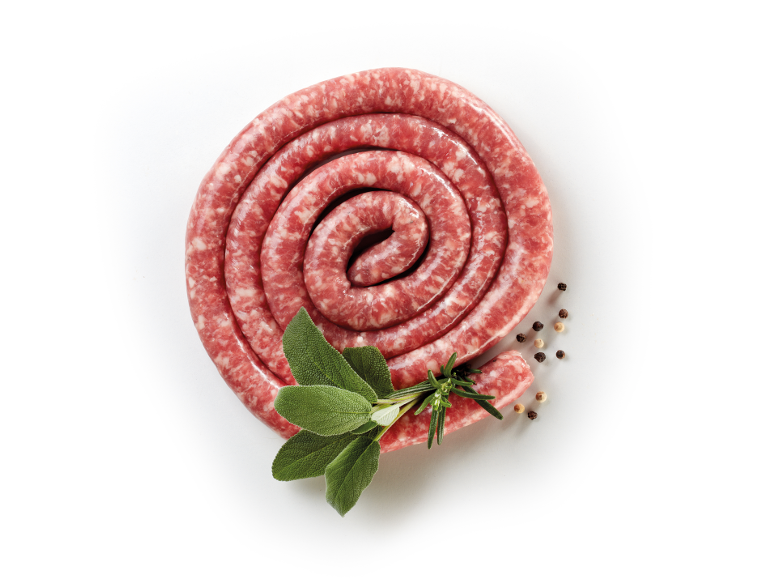 Fresh spiral sausage with herbs and peppercorns on a white background.