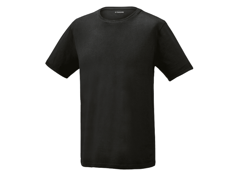 Black men's short-sleeved T-shirt with a round neck.