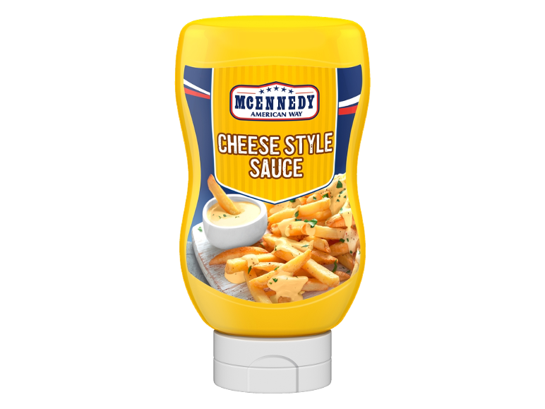 Bottle of cheese style sauce with french fries and a bowl of sauce.