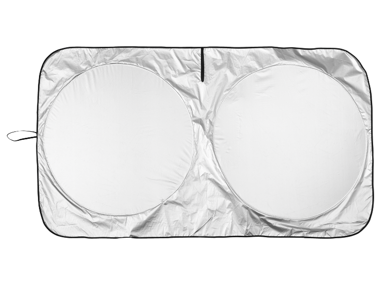 Foldable silver car sunshade with two reflective circles.
