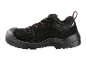 Black safety shoe with red and black laces, faux fur lining.