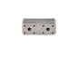 Silver-colored metal heat exchanger with threaded holes.