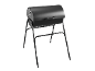 Black garden compost tumbler with a metal stand.