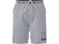 Grey pajama shorts with elastic waistband featuring text and player logo.