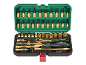 Tool set with ratchet, bits, and sockets in a green case.