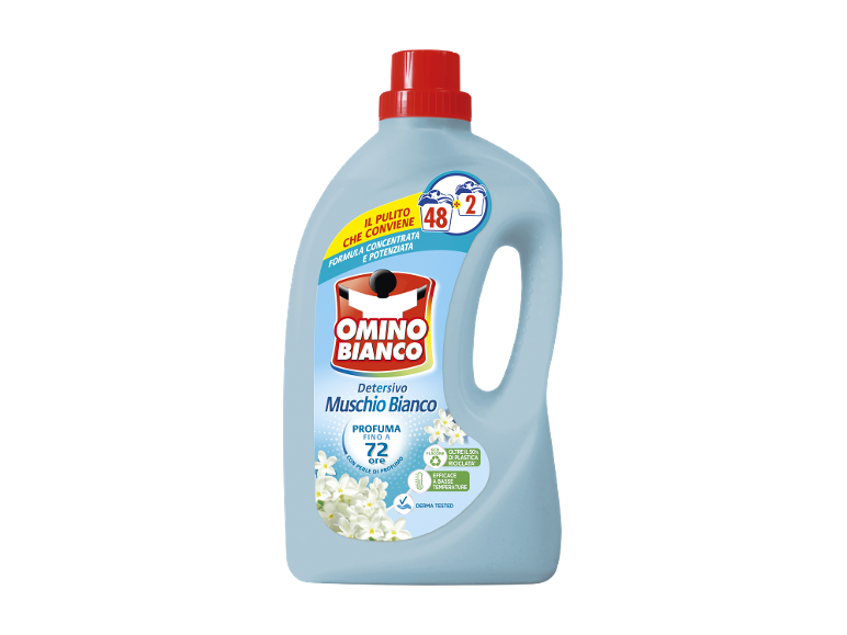 Light blue laundry detergent bottle with white musk scent, 48+2 washes, 72h fragrance.