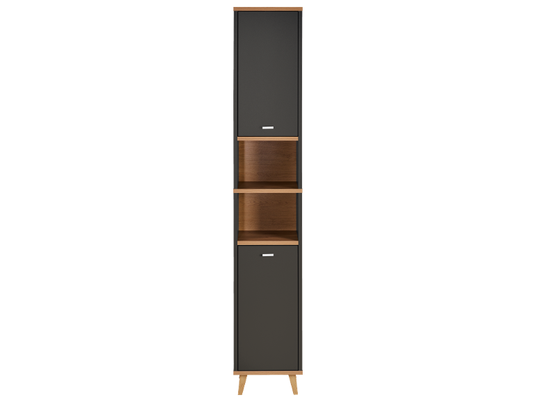 Modern tall cabinet with two anthracite grey doors and two open wooden shelves.