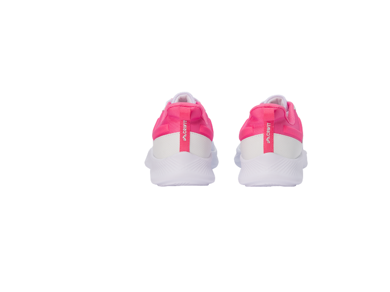 Pink and white women's sports shoes, rear view