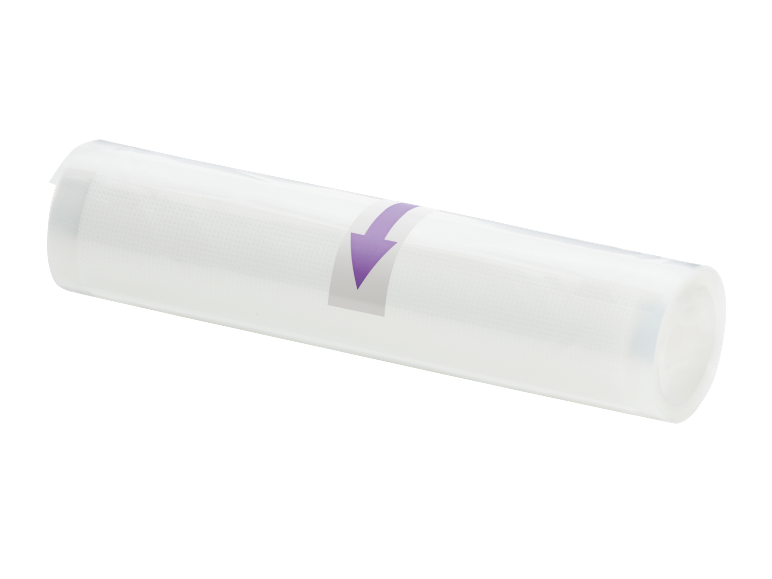 White vacuum sealer roll with a purple arrow indicating direction