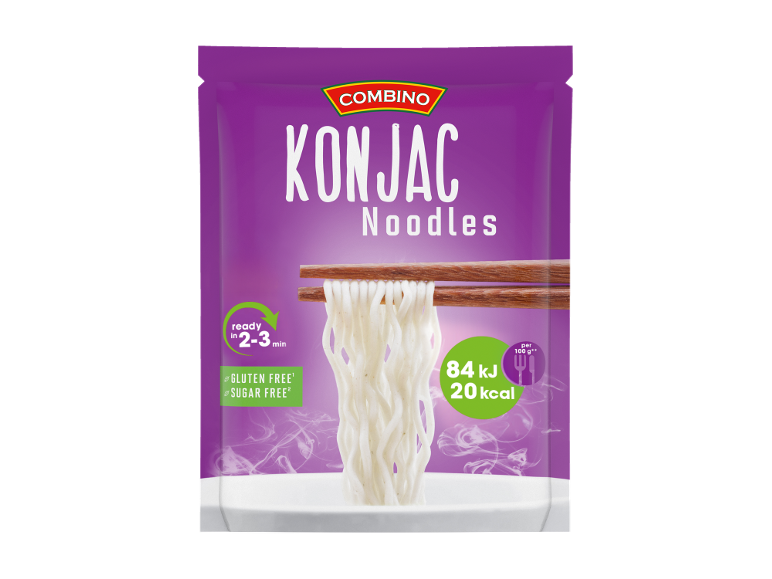 Konjac noodles package, ready in 2-3 minutes, gluten-free and sugar-free, 84 kJ/20 kcal per 100g.