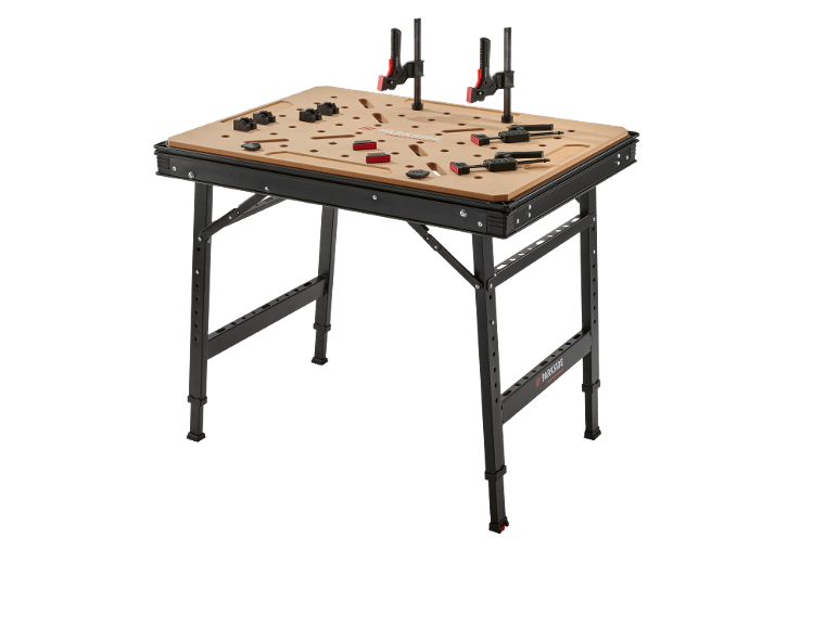 Foldable workbench with a perforated wooden top and various clamps.