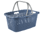 Blue plastic shopping basket with gray handles.
