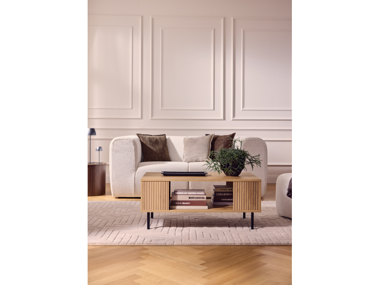 Beige sofa with cushions, wooden coffee table with books and plant, on a rug.