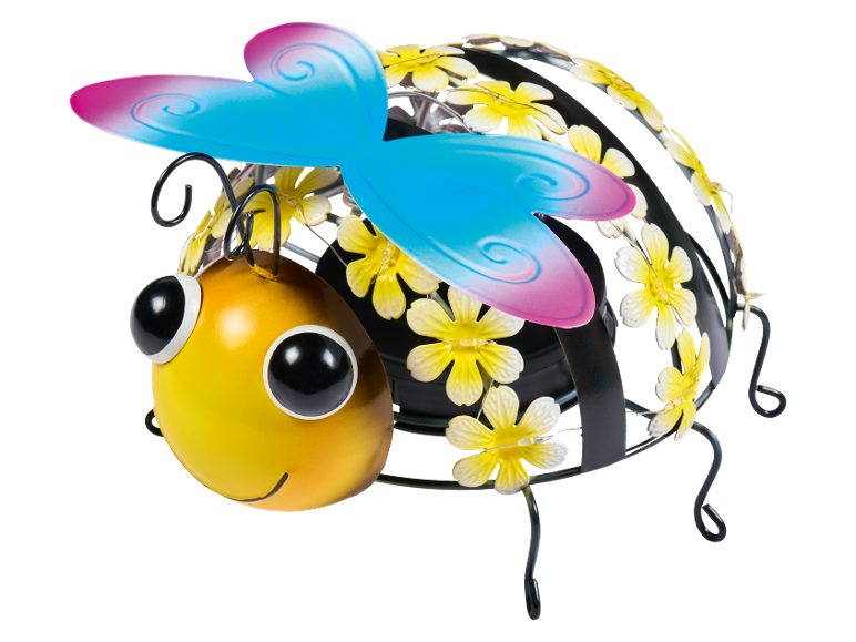 Decorative metal bee with blue and pink wings and yellow flower accents.