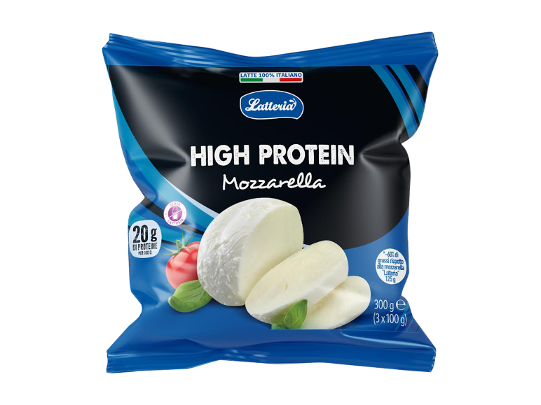 High protein mozzarella cheese in blue packaging with tomato and basil.