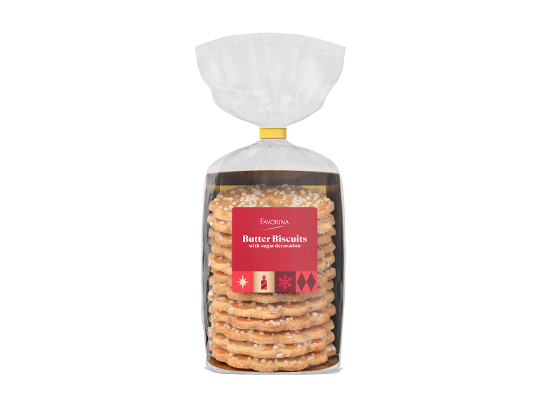 Packet of butter biscuits with sugar decoration and a festive label.