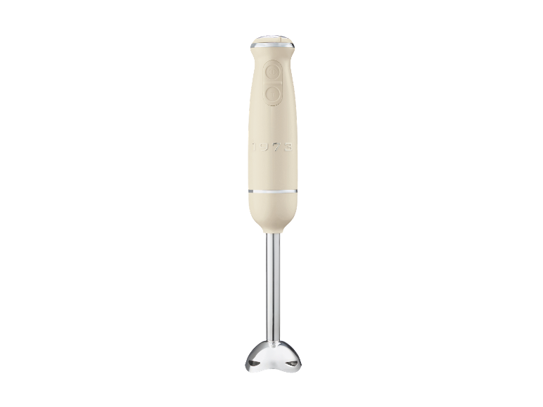 Cream-coloured Silvercrest hand blender with metal attachment in retro design.