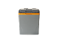 Gray and orange electric portable cooler with lid and handles.