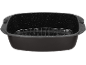 Rectangular roasting pan with rack, black interior with white speckles.
