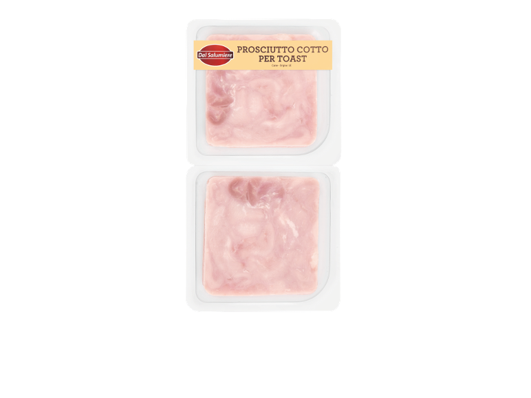 Two packs of sliced cooked ham for toast, with text 'PROSCIUTTO COTTO PER TOAST'.