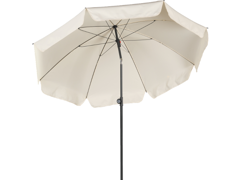 Cream-colored patio umbrella with a dark pole and frame, open and ready for use.