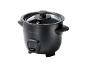 Black rice cooker with a transparent lid and a control panel with «COOK» and «WARM» buttons.