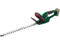 Cordless hedge trimmer with a long blade and a removable battery.
