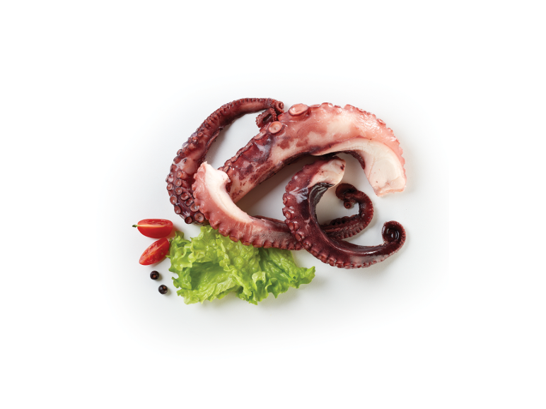 Cooked octopus with lettuce, tomato, and black peppercorns on a white background.