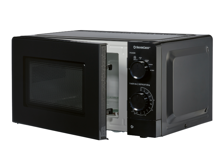 Black microwave oven with an open door and control knobs for power and timer.
