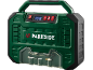 Green portable air compressor with a digital display and accessories.
