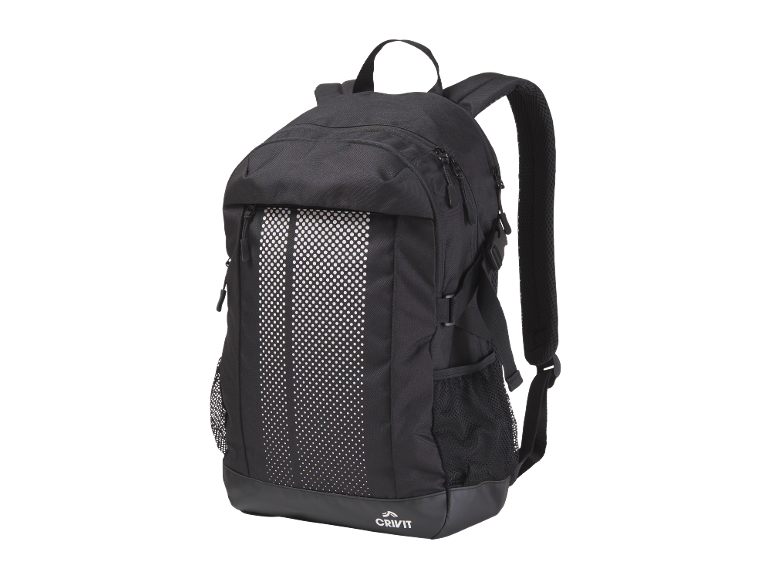 Black backpack with white dotted stripes and a logo at the bottom.
