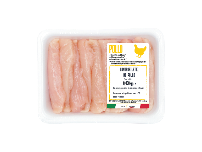 Packaged chicken breast fillets, 0.400 kg, store at max +4°C.