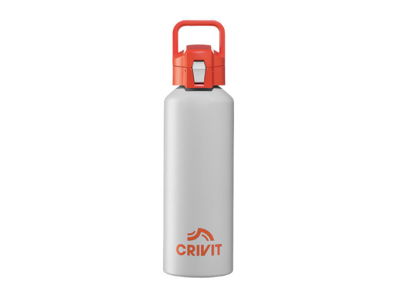 White water bottle with an orange handle and a logo.