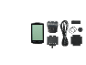 Bicycle computer with display, sensor, cables, and accessories.