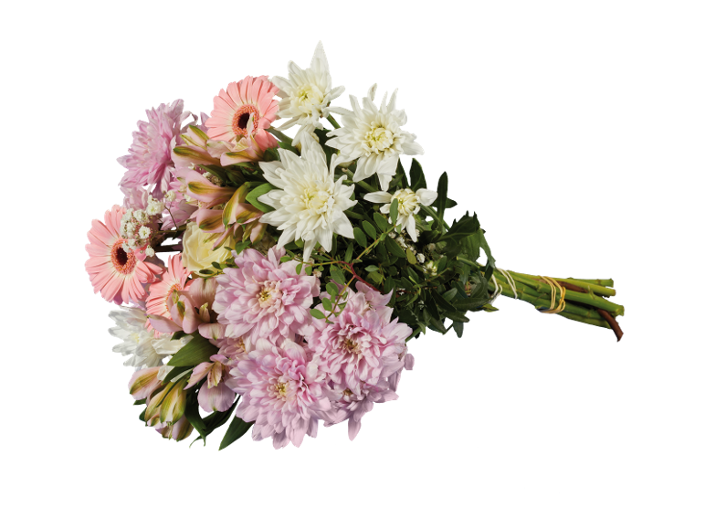 Bouquet of flowers with pink dahlias, pink gerberas, and white chrysanthemums.
