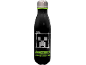 Black water bottle with pixelated video game design and green text.
