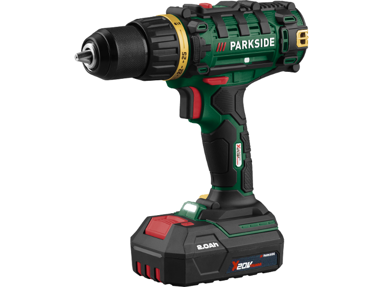 Green and black cordless drill with a 2.0Ah battery