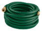 Green garden hose with brass fittings, coiled in a circle.
