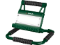 Green LED work light with black handles on a black background.
