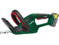Cordless hedge trimmer with a green body and red handle, battery not included.