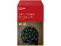 Packaging and image of 100 solar LED string lights illuminating a bush.