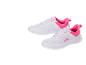 A pair of white sports shoes with fuchsia pink details.