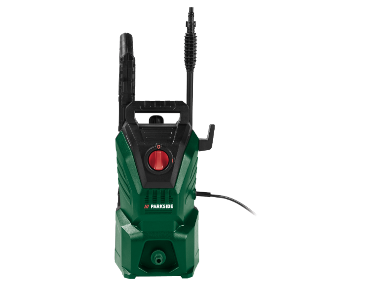 Green pressure washer with black accents and a red switch