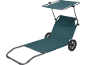 Dark green foldable beach lounger with wheels and sun canopy
