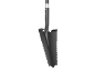 Black foldable shovel with a serrated edge and a silver joint.