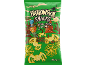 Green bag of chips with Halloween snacks, haunted house, pumpkin, and bat-shaped chips.
